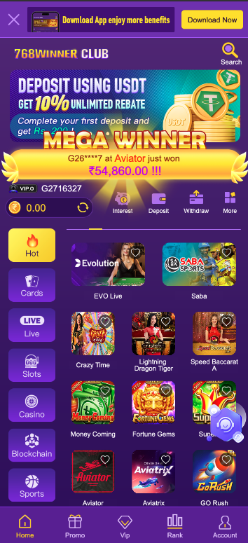 Mobile Phone with 768 Winner Club App